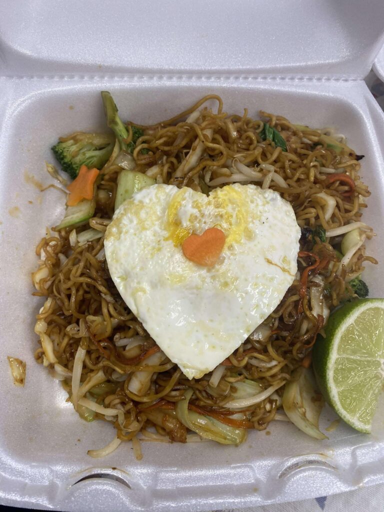 A take out plate of Mei Tek-Tek Noodles from Spices Food Truck