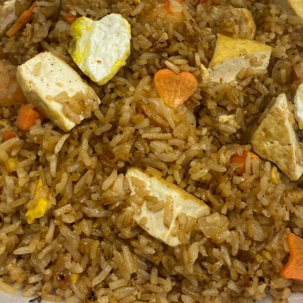 Close up Shrimp and Tofu Friend Rice from Spices Food Truck. 